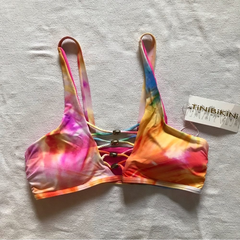 TiniBikini strappy bikini top rainbow tie dye swim S small NWT
